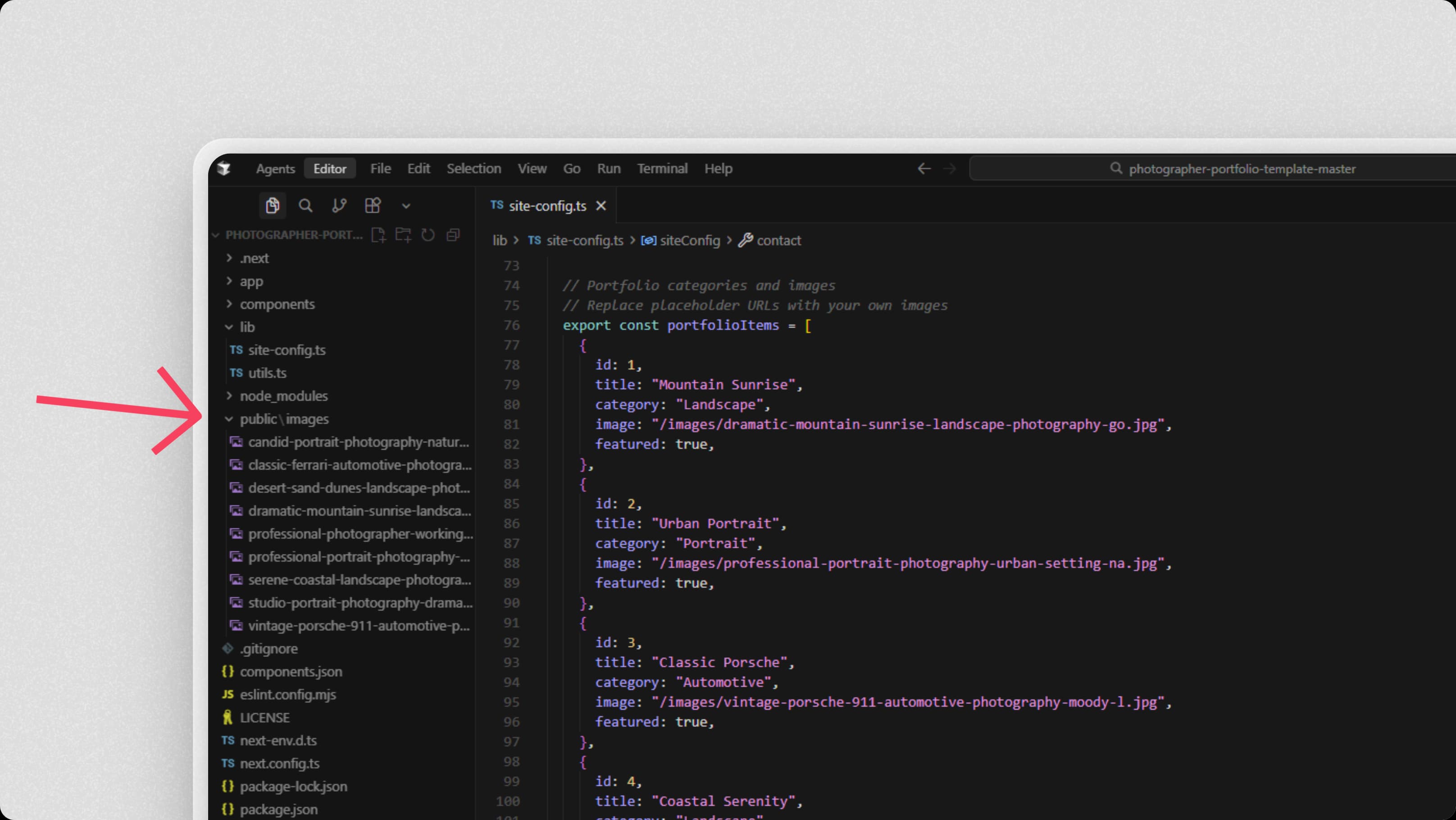 Adding portfolio images to the public/images folder in Cursor