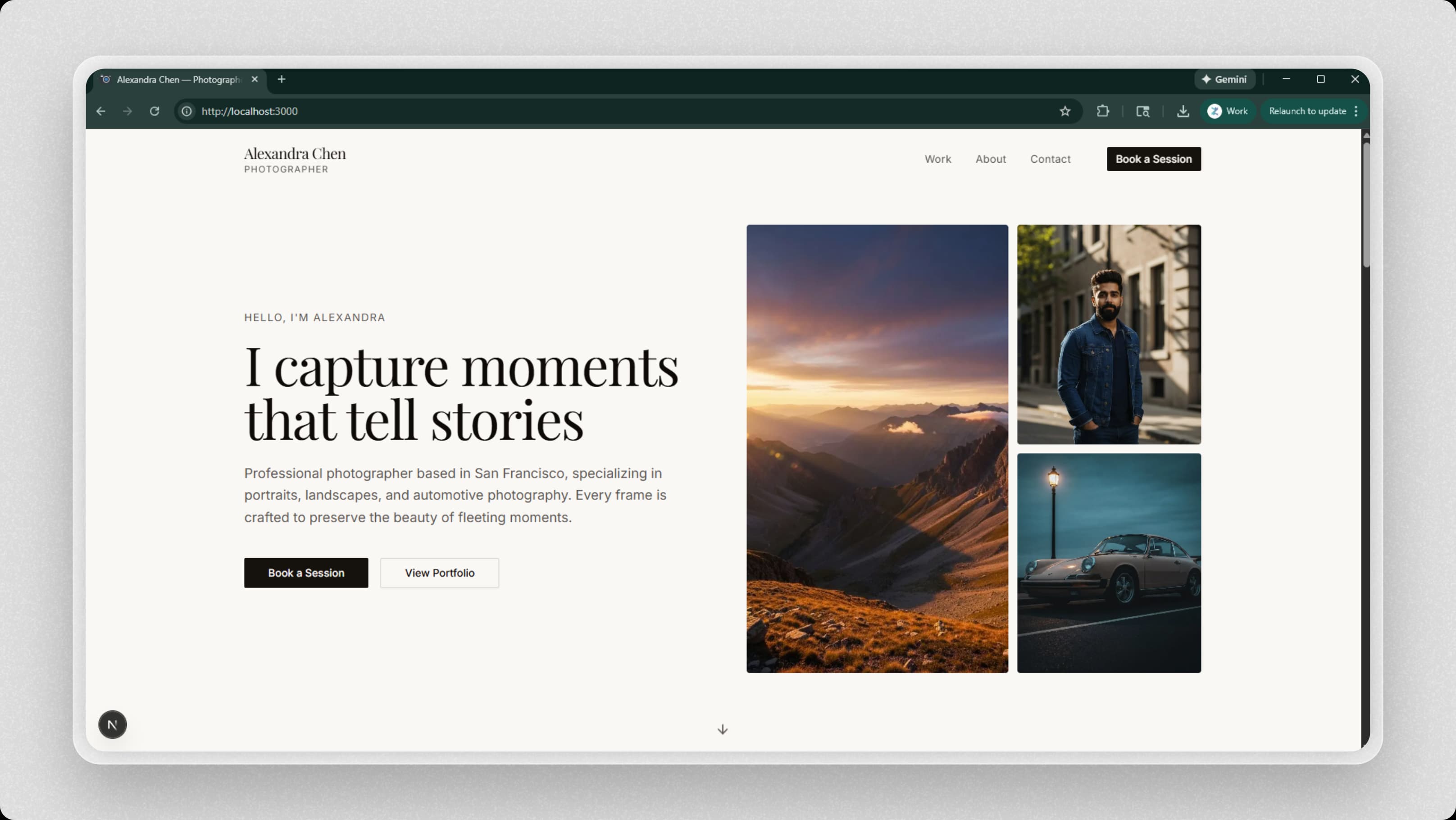 Portfolio template running on localhost:3000