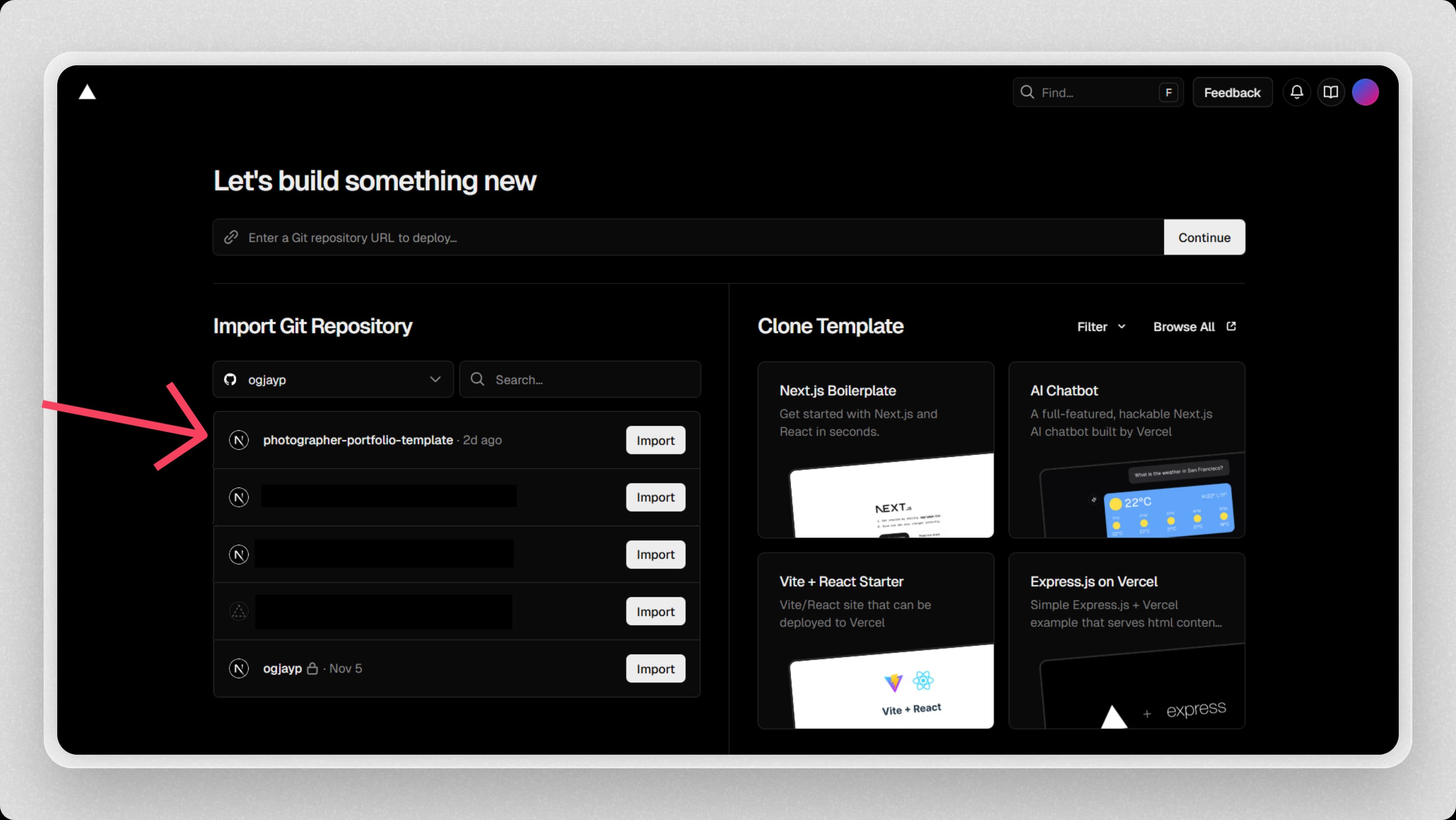 How to import a GitHub repository into Vercel