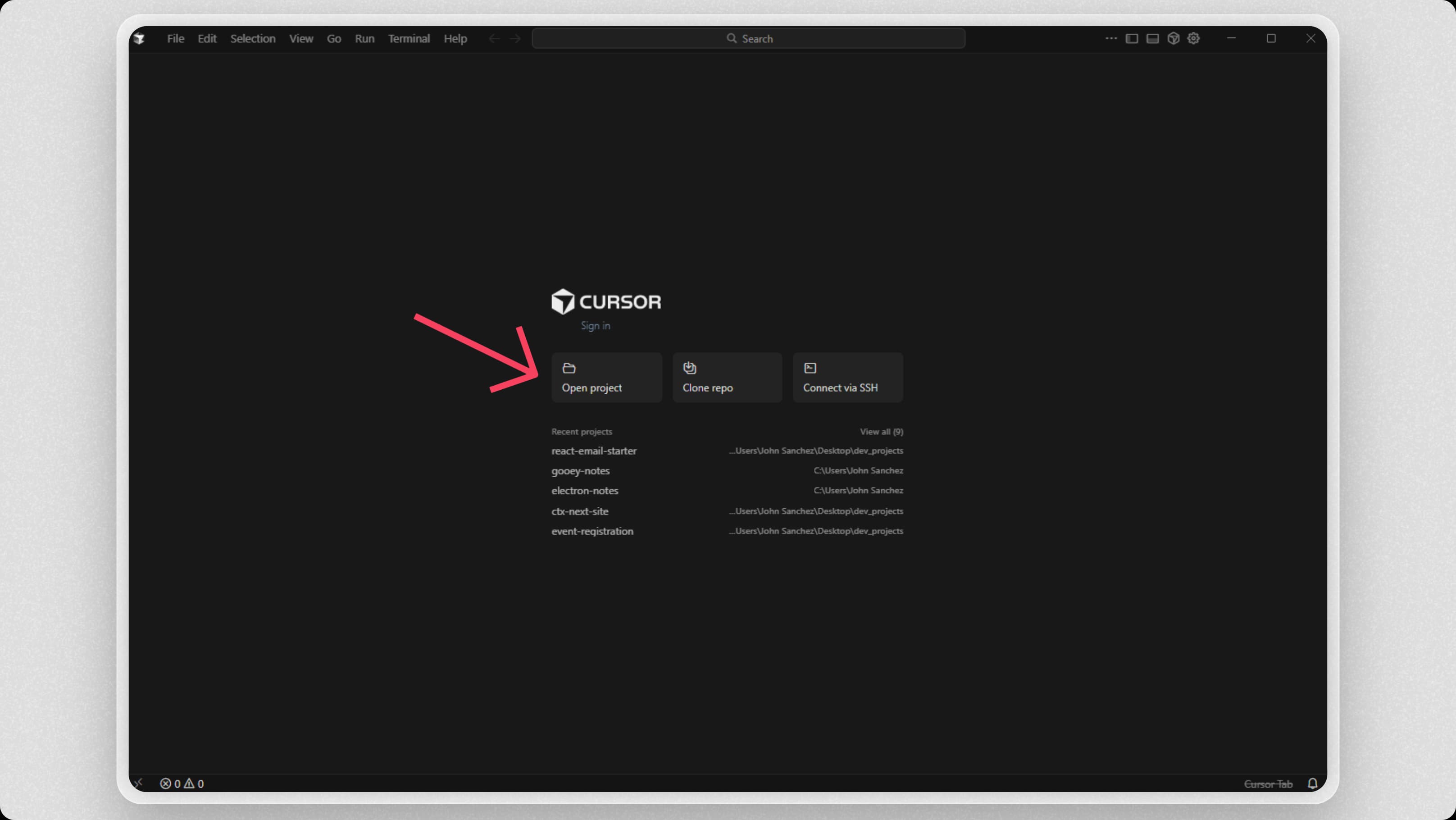 Opening a project folder in Cursor editor