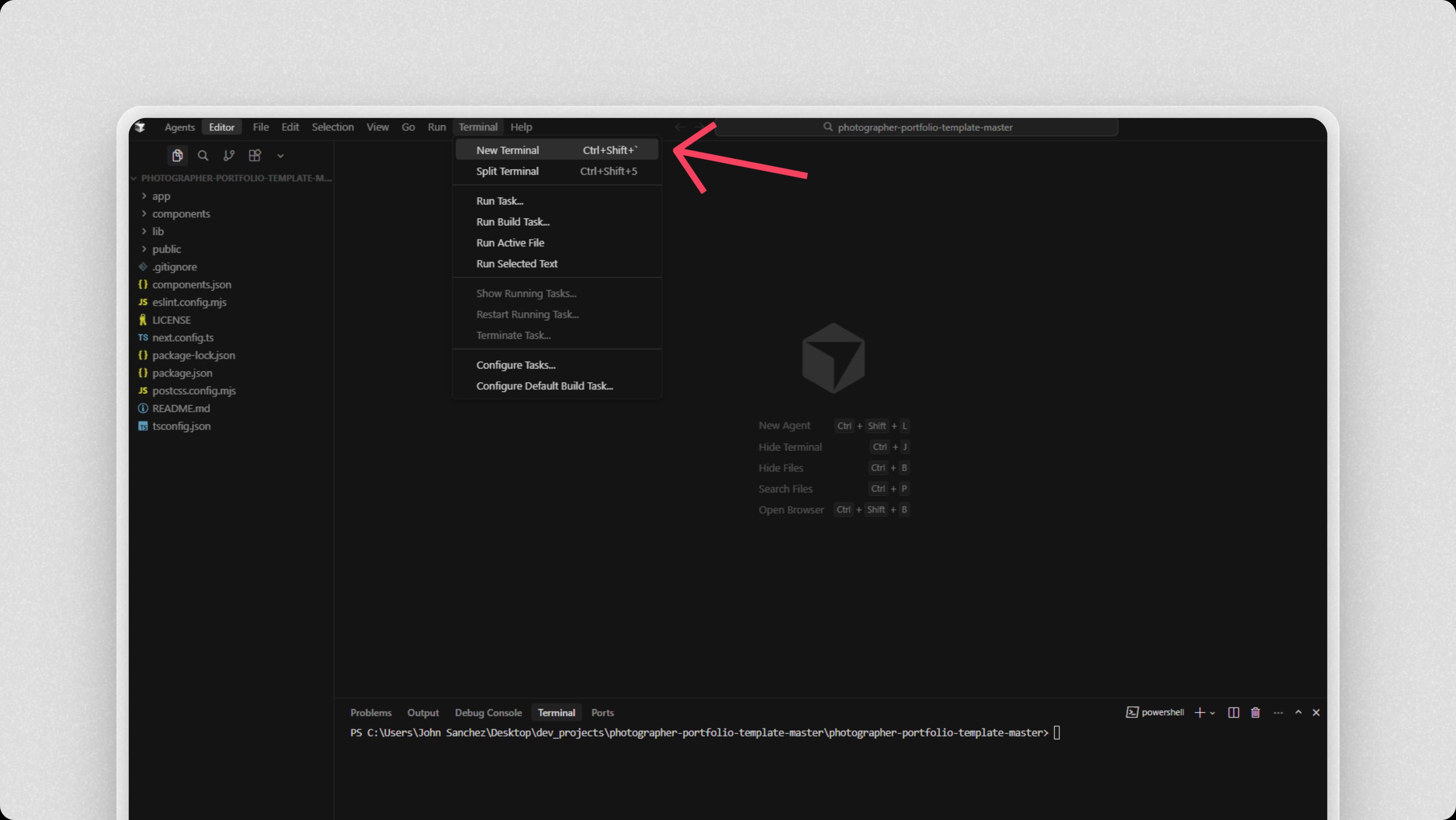 Opening a new terminal in Cursor: Terminal menu → New Terminal