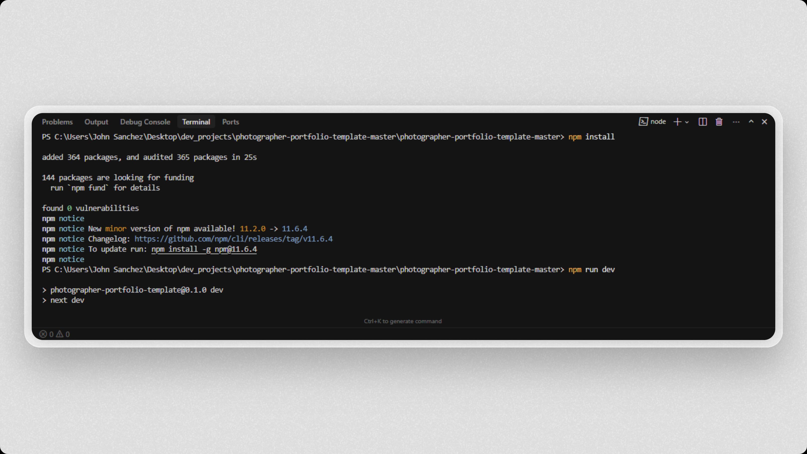 Running npm install and npm run dev commands in Cursor terminal