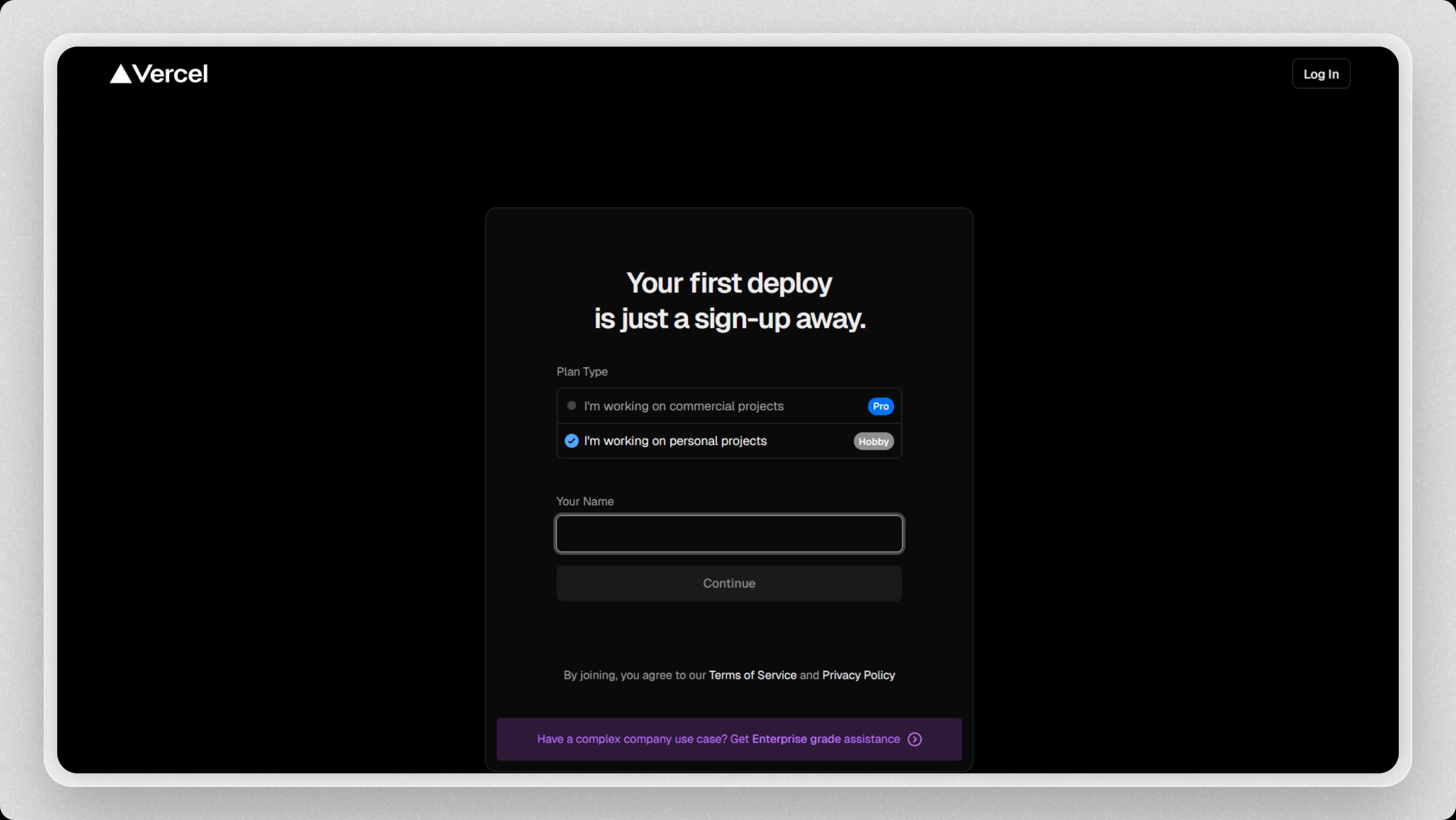 Vercel signup and landing page