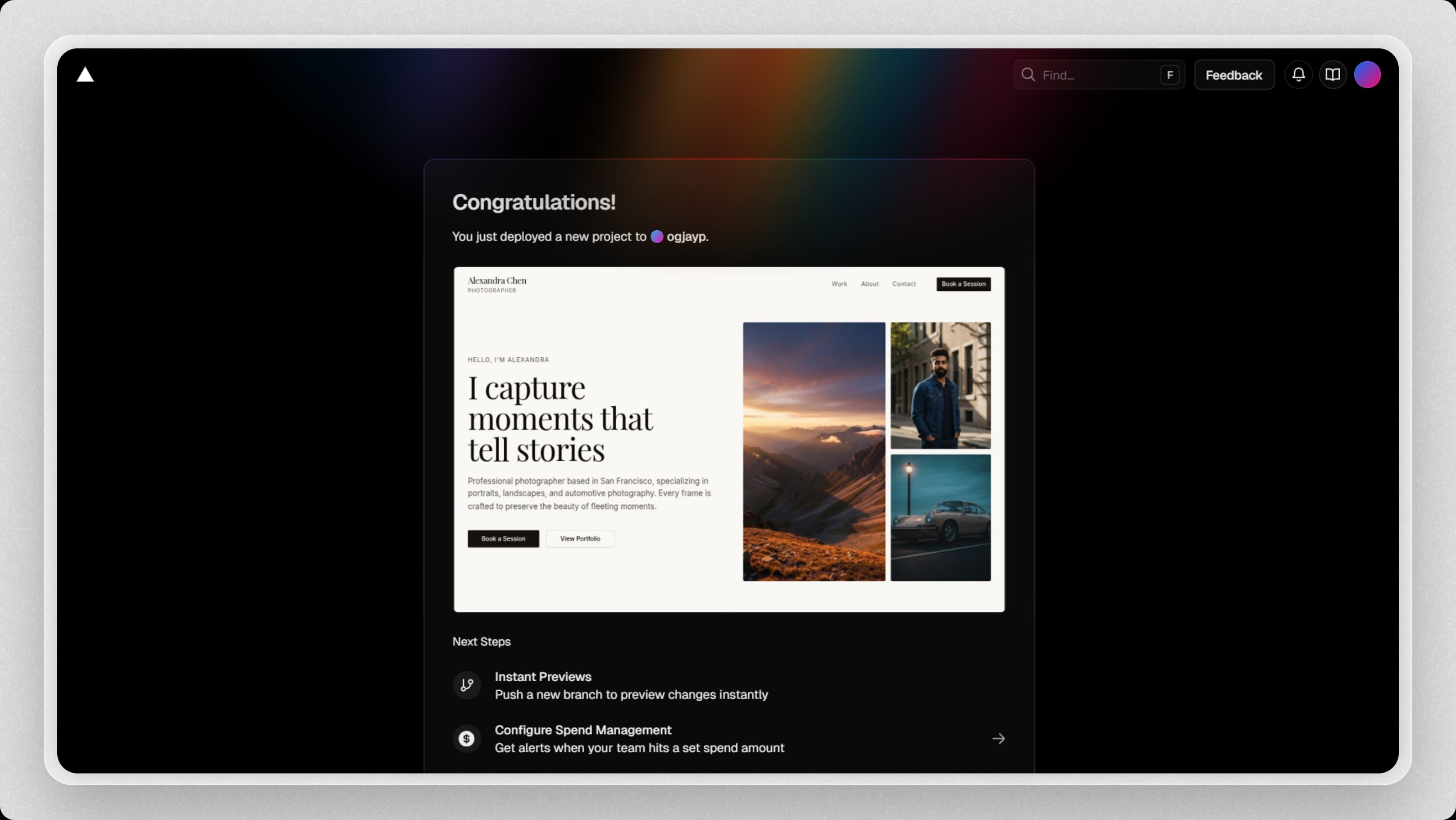 Successful Vercel deployment showing the live site URL