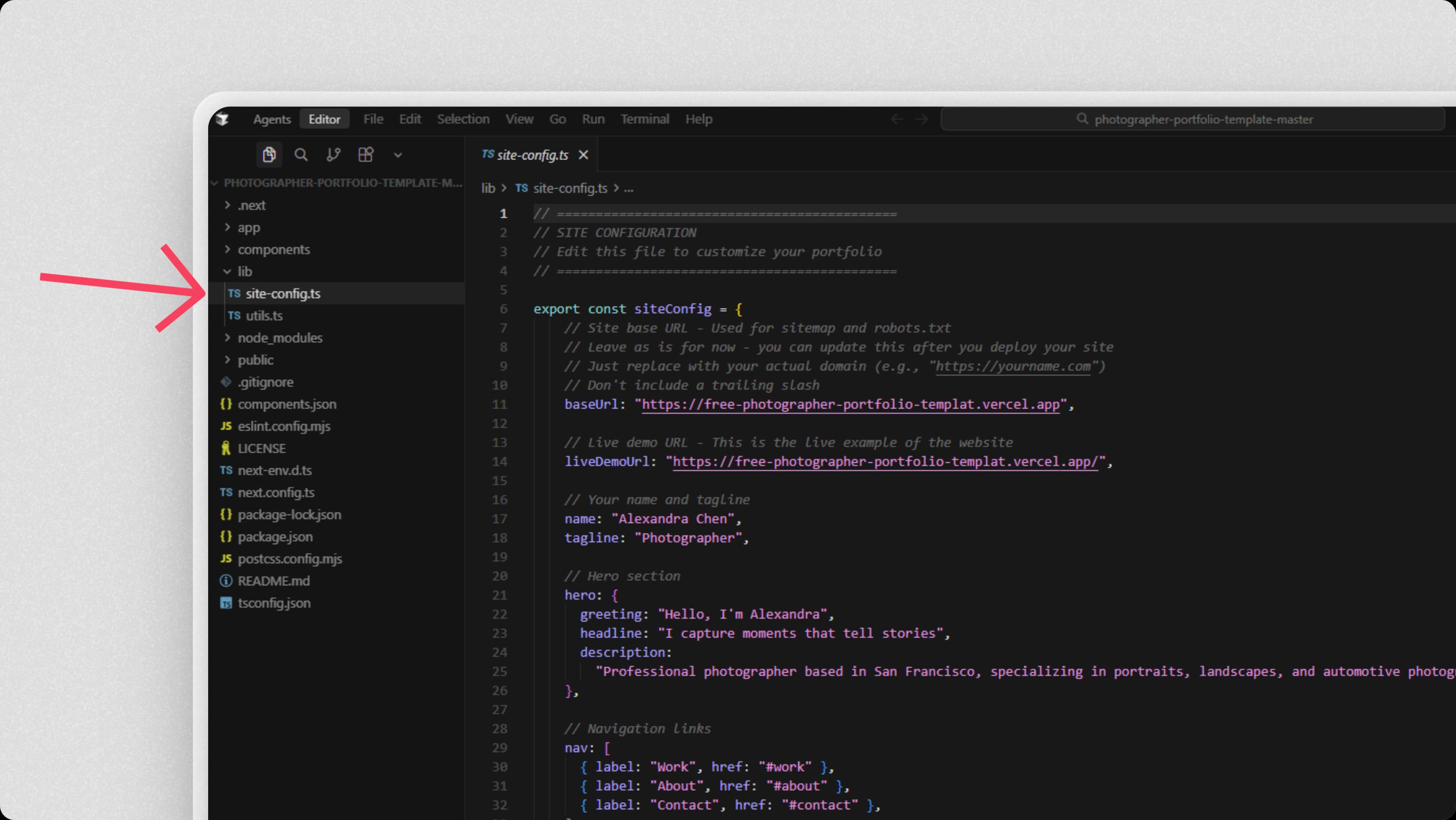 Locating the site-config.ts file in Cursor's file explorer